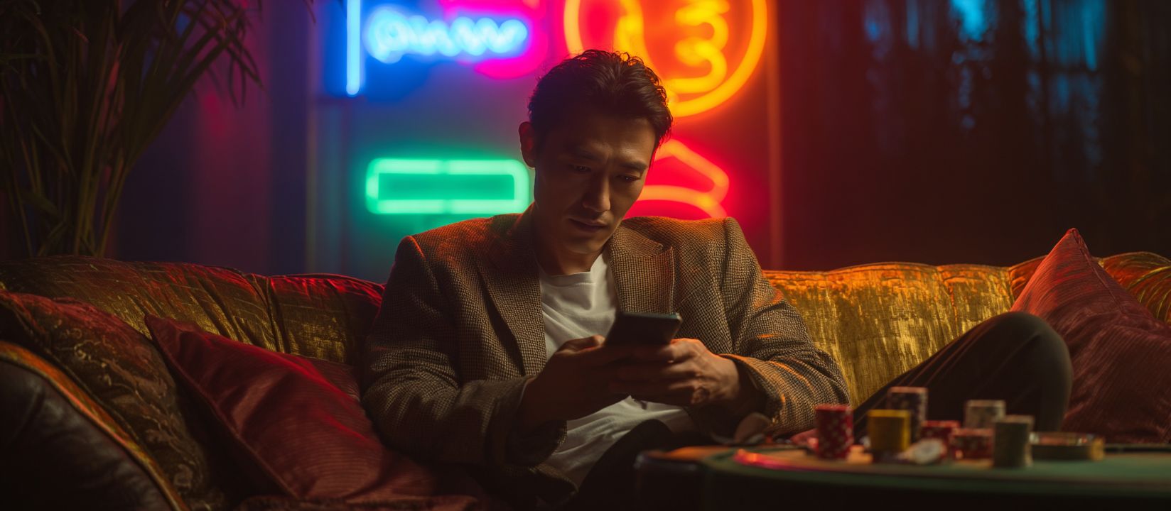 A man sitting on a golden couch with poker chips on the table, focused on his smartphone under vibrant neon lights