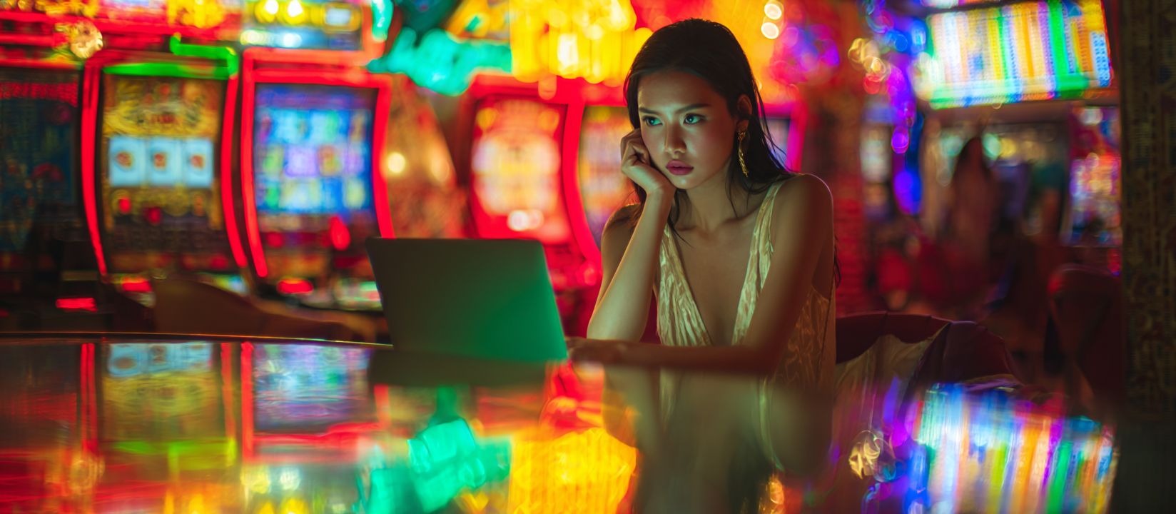 A woman in a golden dress using a laptop in a vibrant casino filled with colorful slot machines