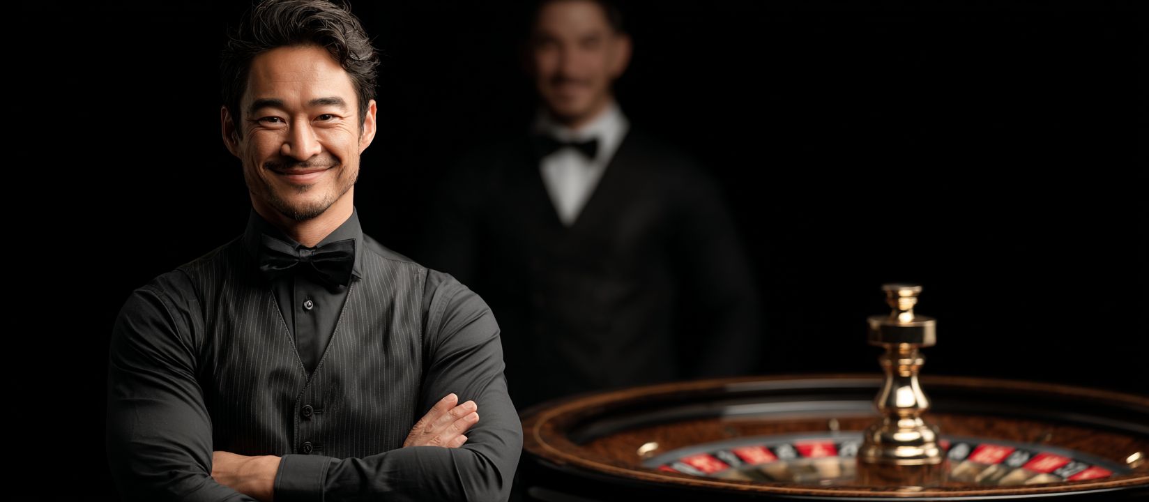 A smiling croupier in a black pinstripe vest standing confidently beside a roulette wheel on a dark background