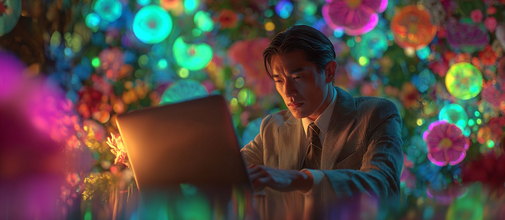 A focused man in a suit using a laptop surrounded by vibrant, glowing lights and colorful floral patterns