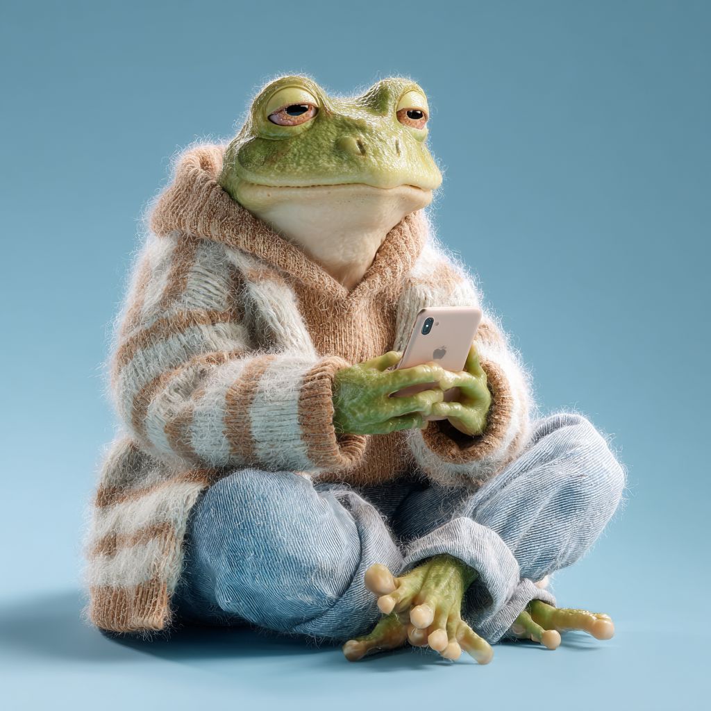A relaxed frog in a striped sweater and jeans holding a smartphone