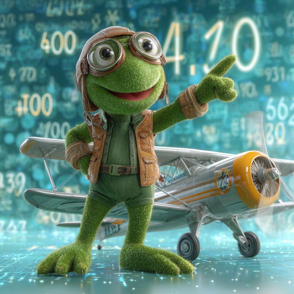 A pilot frog wearing a helmet and goggles stands next to a plane with flying numbers in the background