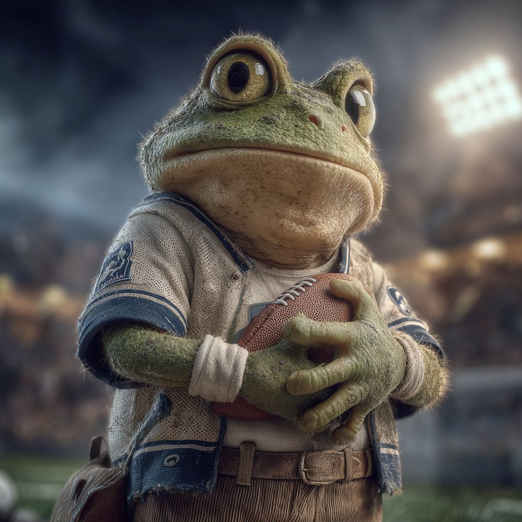 A frog in a sports uniform holding a ball in a bright stadium, ready for the decisive bet