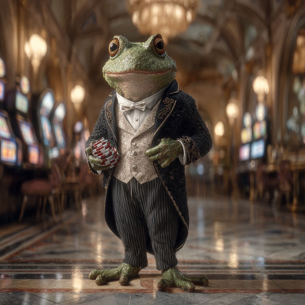 A frog in an elegant tuxedo holding casino chips inside a luxurious gaming hall