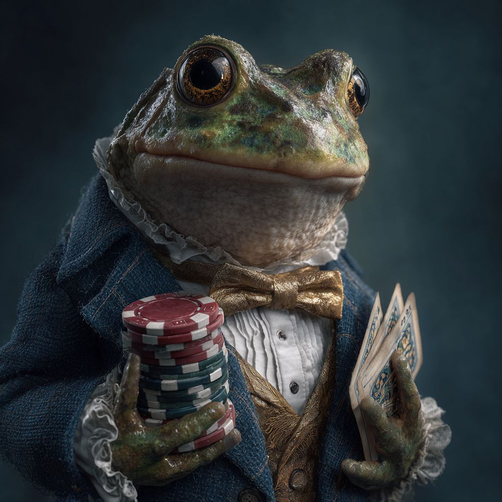 A frog in a fancy suit holding poker chips and cards, ready for the next big game