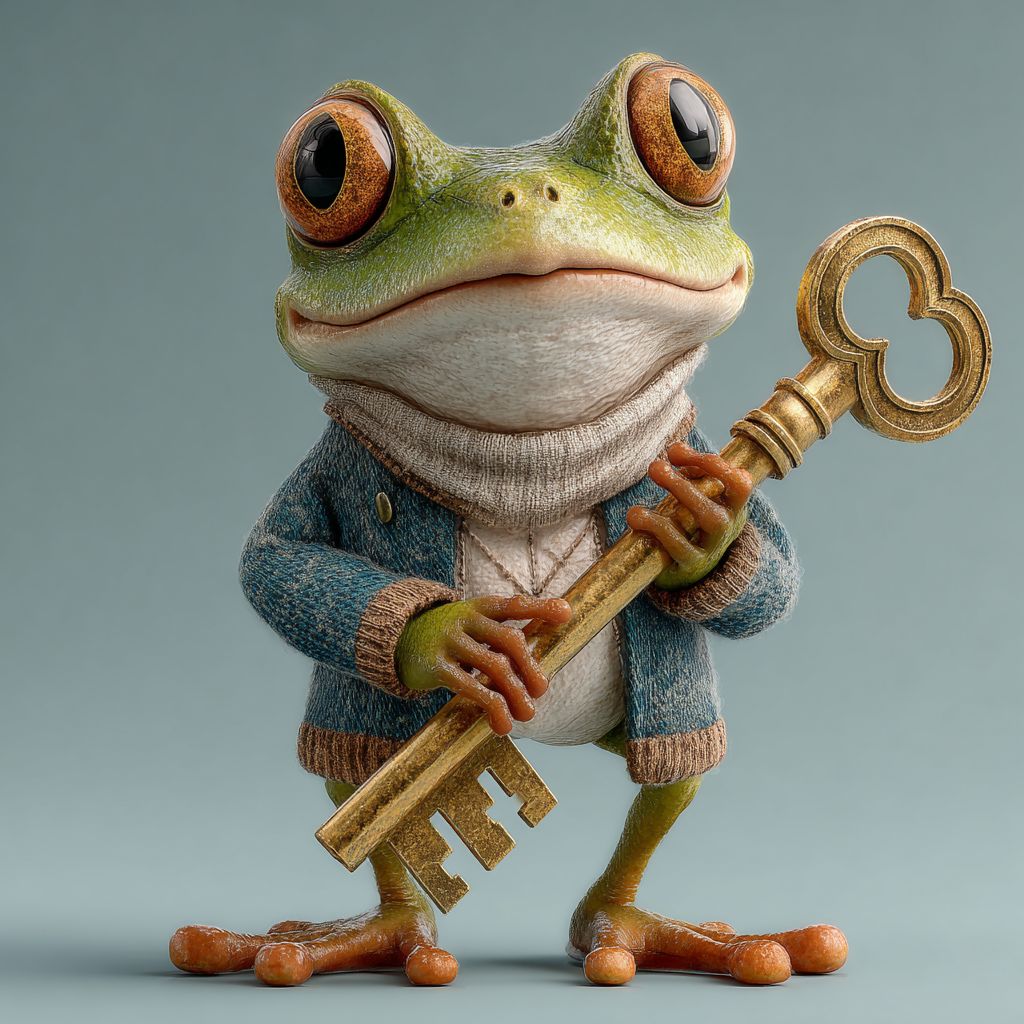 A smartly dressed frog holding a large golden key against a plain background