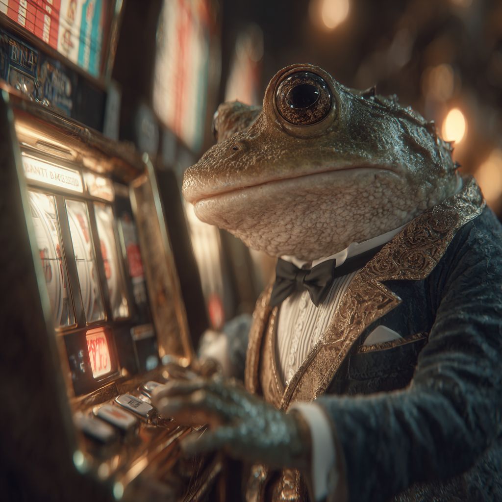 A frog in a tuxedo playing a golden slot machine in a glamorous casino