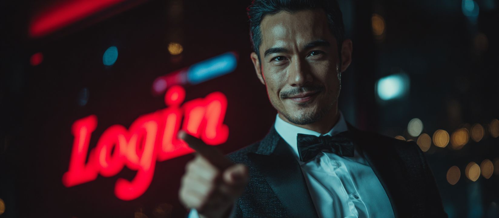 A confident man in a tuxedo pointing towards the camera with a glowing red "Login" sign in the background