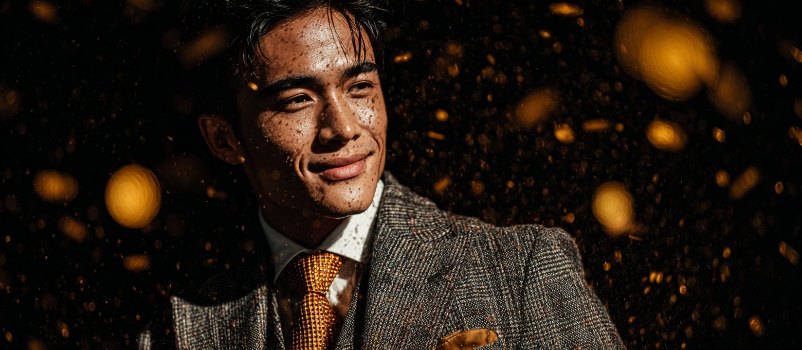A confident man in a stylish suit and golden tie smiling under shimmering golden lights